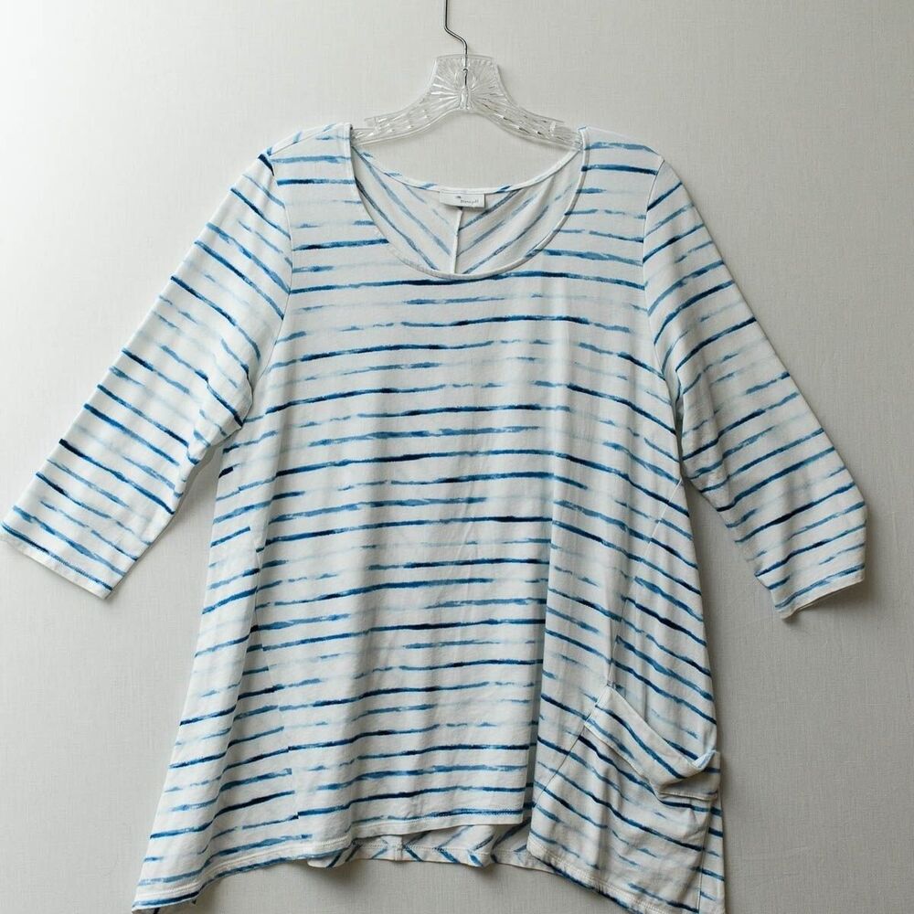 Pure Jill Top M Striped 3/4 Sleeve Blue &‎ White Casual spring summer office